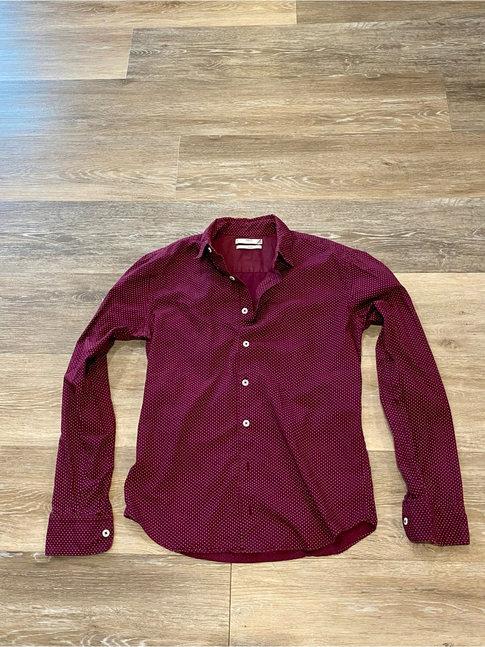 Mango Men's Burgundy Long-Sleeve Button-Down with Micro Dot Print